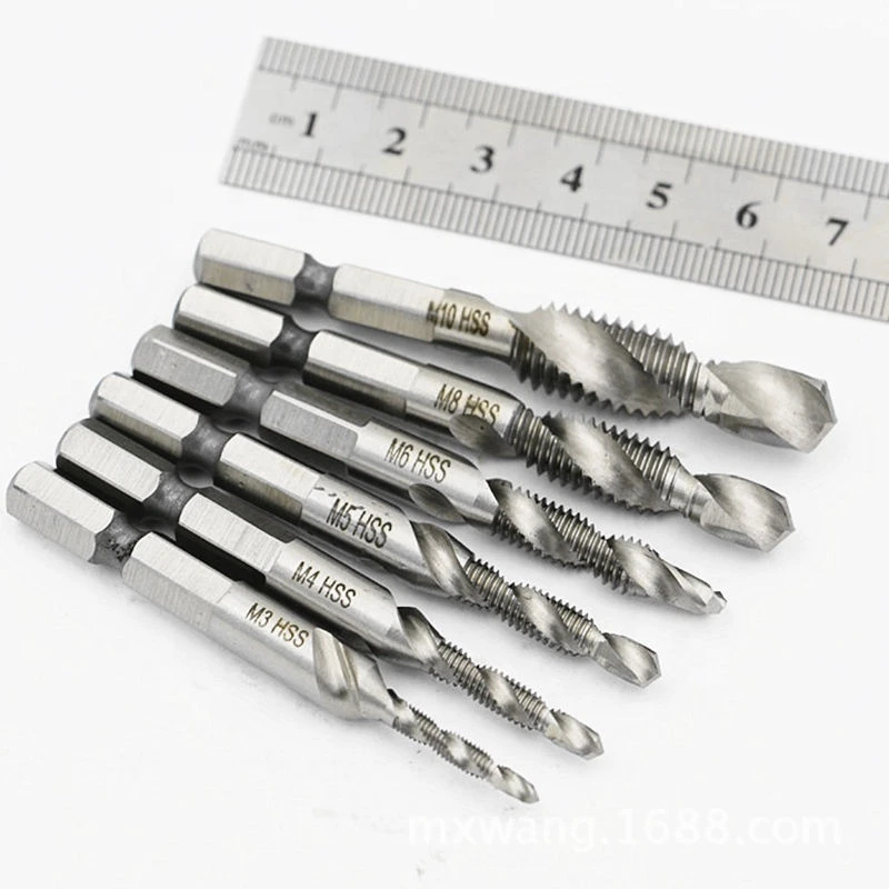6pc drill bits taps combination set m3 m4 m5 m6 m8 m10 metric composite screw HSS Hex Shank matkap