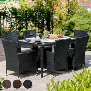 7 Pc Outdoor Rattan Wicker Dining Table and Chair Furniture Set,Glass top, Black Poly Rattan