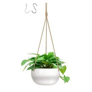 8 Inch Ceramic Hanging Planter Indoor Outdoor Modern Round Flower Plant Pot White Porcelain Hanging Basket with Polyester Rope