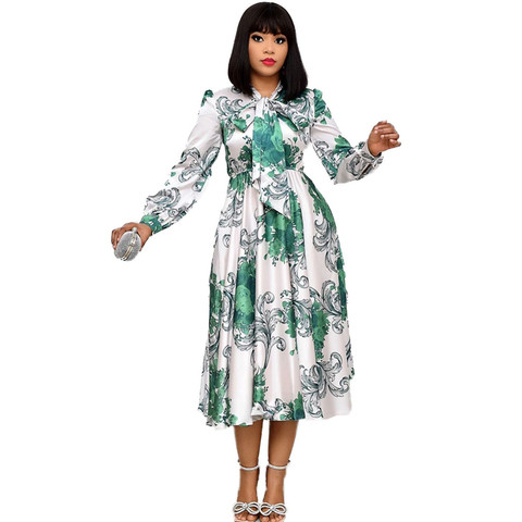 A093-spring 2021 african dresses long sleeve elegant bow floral dress women office dress