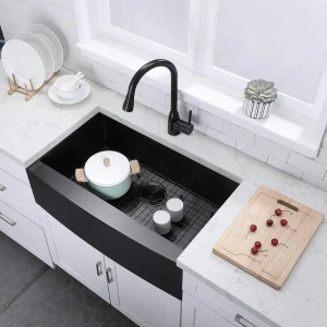 Aquacubic 16/18 gauge Gunmetal Black Single Bowl PVD Nano Stainless Steel Farmhouse Apron Handmade Kitchen Sink