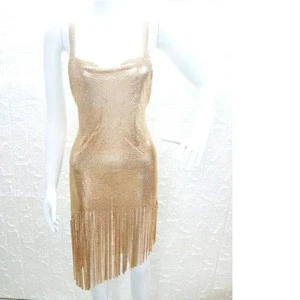 C033 Strappy V-neck Metal Mesh Mini dress golden sequin Women Party Night Club Dress For Wholesale