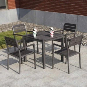 Cheap outdoor restaurant furniture aluminum frame dark plastic wood cafe chairs and tables 1+4 outdoor cafe furniture(S243/D543)