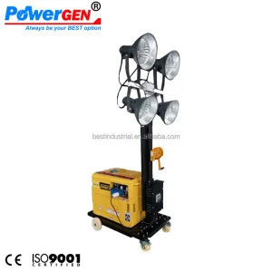Cheapest Price !!! POWERGEN Mobile Lighting Tower 4.8M with Metal Halide Lamp 4x400W Night Scan Light Tower Generator 5KW