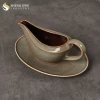 Classic Retro Glazed Ceramic Stoneware Dairy Milk Seasoning Gold Rim Gravy Boat Sauce and Tray Set