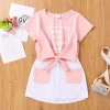 Conyson Wholesale Summer New Letter Print Tie Belt Round Neck Shirt and Pocket Skirt Kids Clothes Baby Girls 2Pcs Clothing Set