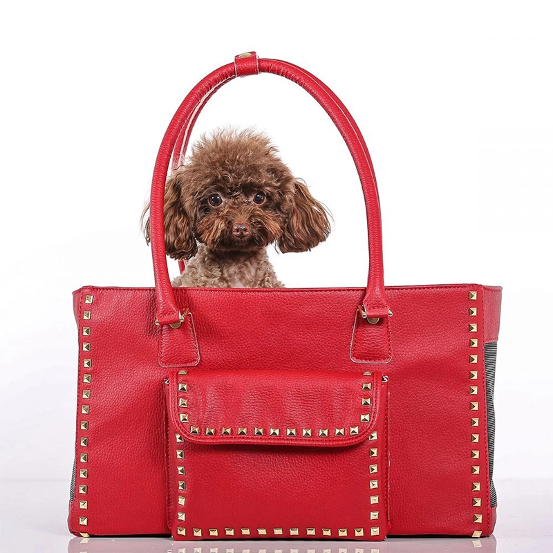 Customized black pu faux leather women luxury pet carrier studded handbag cat travel pet carrier tote bag dog carrier bag