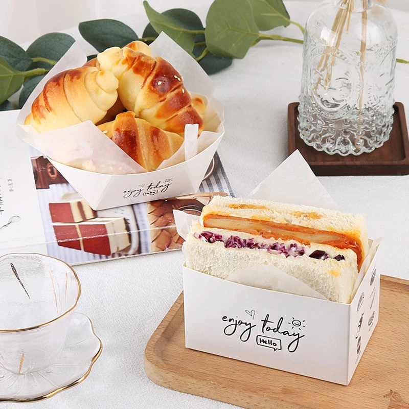 Customized Wholesale paper food container printing croissant bread puff sandwich packaging tray with bag and Wire sealing strip