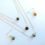 Delicate necklace and earring  jewelry set with fine chain and natural round stone beads