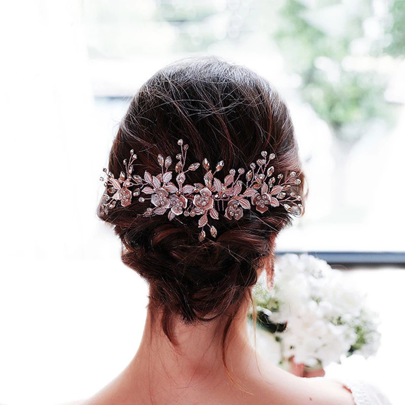 Delicate Style Silver Rose Gold Floral Wedding Hair Comb Bobby HairPin Bridal Headdress Wedding Bride Headpiece