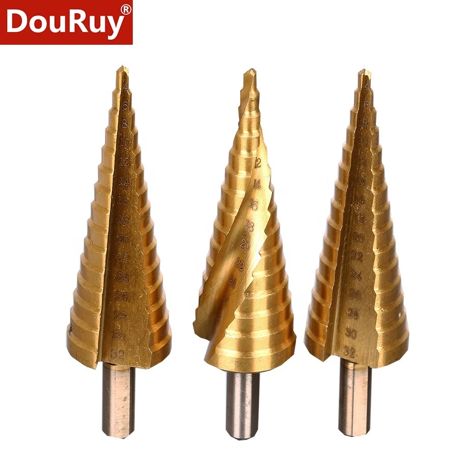 DouRuy Titanium coated straight oshank straight flute spiral flute HSS step drill bits for metal drilling
