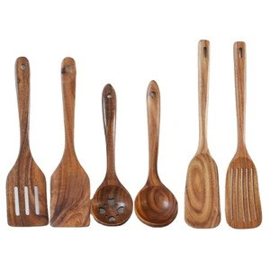 Eco Friendly Custom Logo Non Stick Cookware 6 pcs Teak Wooden Utensils Set for Kitchen