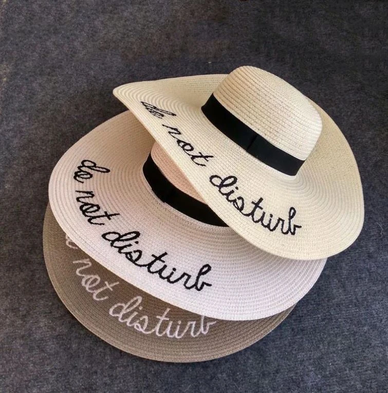 embroidery letters sun summer hat Wide Brim custom logo straw hat Do Not Disturb Beach Women Hats