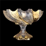 Engraved antique golden plating sculpture flower candy plate glass oval clear fruit plate with stand