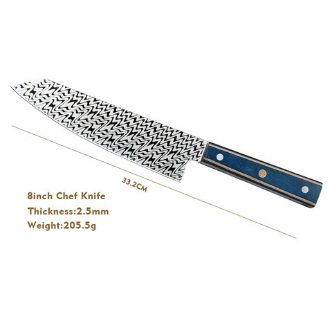 Engraved Damascus pattern stainless steel blade 8" japan chef knife