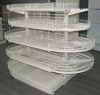 Eurotype gondola shelving with wire grid back and wire grid shelves