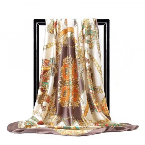 Fashion Square Head Silk Scarf for Women Colors Chain Printed Shawl Foulard Femme Luxury Brand Wraps Satin Hijab Scarves 90*90cm