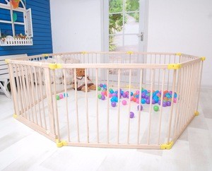 Foldable Baby Playpen with Gate 6 Panels Wooden Game Fence Kids Play Zone