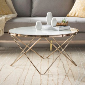 Free Sample Modern Round Gold White Metal Tempered Glass Top Coffee Table / Sofa Table