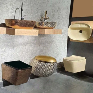 gold wc plated sanitary vase wc toileteries  wood floor tiled room  hidden hung  toilet beauty supply WC sink bath product suite