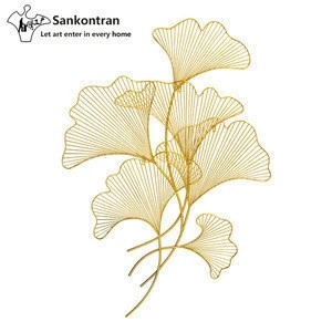 Handmade Asian Wall Decor Golden Color Gingko Leaf Wire Metal Craft