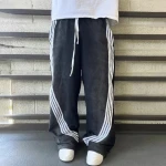 High Quality  Heavy Weight Retro Sweat Pants Fleece Straight Leg Trousers Vintage Acid Wash Sweatpants With Strip