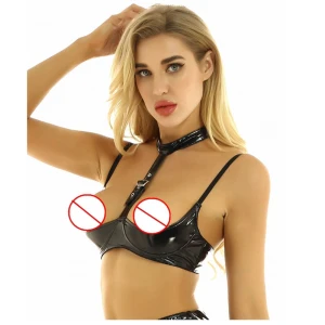 iEFiEL Sexy Womens Wet Look Patent Leather Lingerie Open Cup Wire-free Shelf Bra Top for Nightclub Party Club