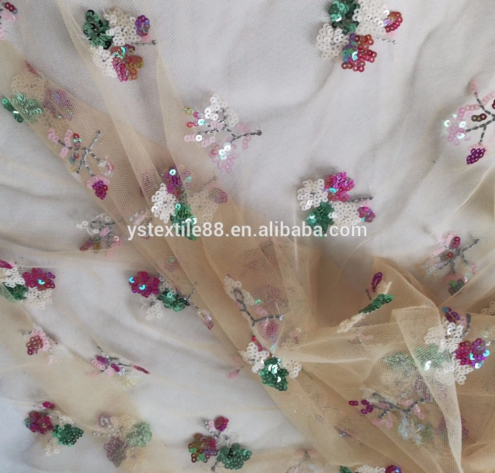 Instock 3mm sequin mixed with classic flower pattern embroidered fabric