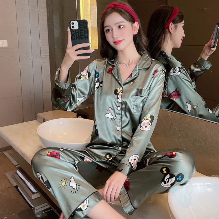 Korean version of the cartoon pajamas female ice silk spring and autumn long sleeves on the lapel simulation of silk thin studen