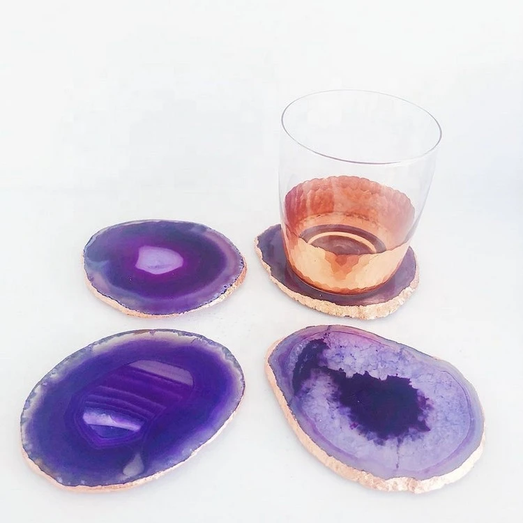 Luxury Home Decoration Natural Rose Quartz Crystal Round Green Purple Stone Gemstone Agate Coaster Slices with Gold Trim
