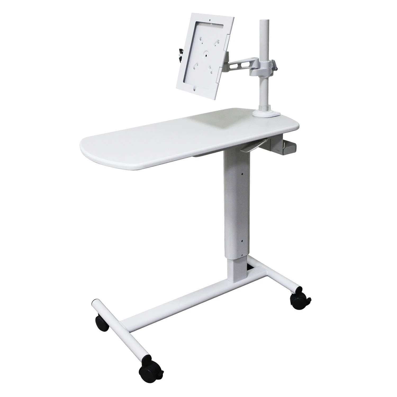 Medical Mobile Overbed Table Patient Tablet Cart Case for iPad 10.2" and 10.5" Lockable Casters with Gas Spring Lift