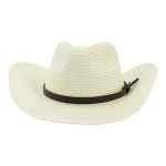 Men Fashion Cowboy Hat Wide Brim with Belt Beach Vintage Sun Hat straw hat