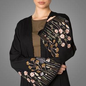 Muslim Supplier Flared Embroidered Sleeves Women Kimono &amp; Cardigan Wear Islamic Lady Front Open Maxi Dress Abaya Clothing