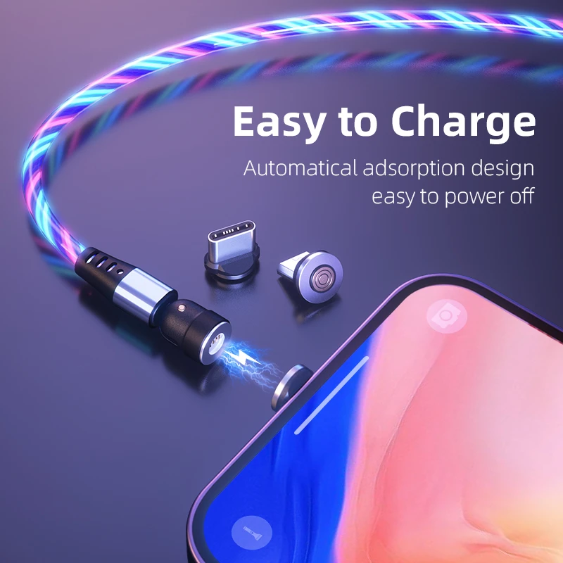 New 540 Magnet LED Lighting Cable Magnatic 3 In 1 Braided Cargador 1M 2M Quick Fast Charge Data Line Computer Charging Cable