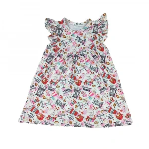 New Arrival Santa Claus Print Baby Christmas Dress Baby Girls Flutter Sleeve Pearl Top For Kids