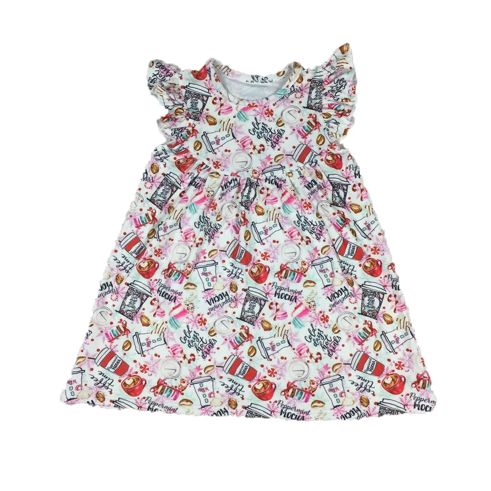 New Arrival Santa Claus Print Baby Christmas Dress Baby Girls Flutter Sleeve Pearl Top For Kids