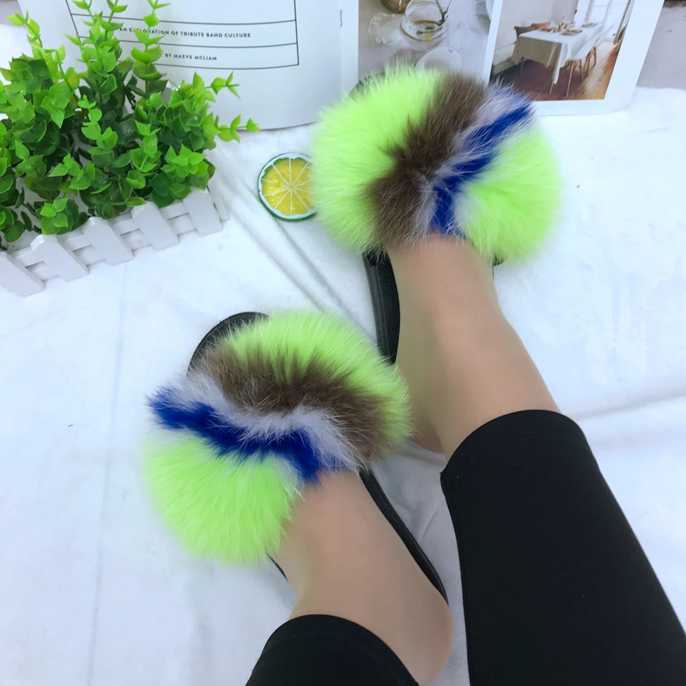 New Trend 2021 Fashion Beautiful Color Luxury Leather Fur Slippers Fox Fur Slippers Fur Slide Slippers