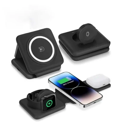 OEM Custom Wireless Charger Universal Qi Fast Charging Wireless Chargers Pad Station Foldable Phone Stand Strong Magnetic 3 in 1 Wireless Charger