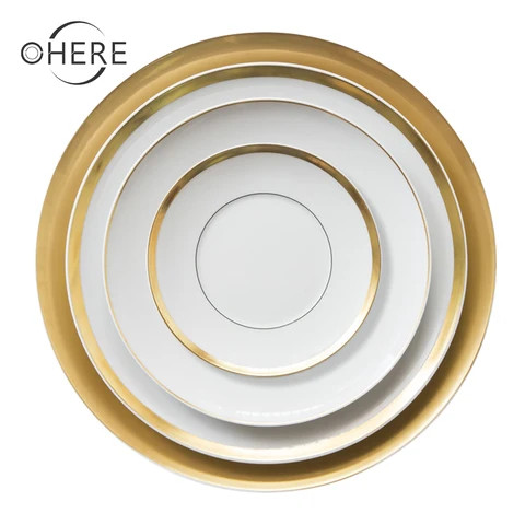 Ohere Bone China Dinnerware Set 4pcs Plate Set wide gold rim Ceramic Tableware Wedding Charger Plate for Event&Catering