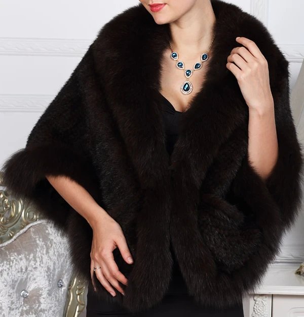 Real REX rabbit fur coat Fox fur collar women&#x27;s Cape shawl for women