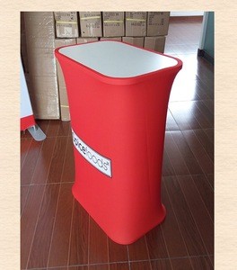 Retail sales indoor promotion counter desk design, foldable wood top table counters, tension fabric cover table stand
