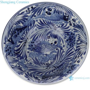 Rzsc05 Jingdezhen Blue and White Handmade Fish Pattern Ceramic Big Bowl