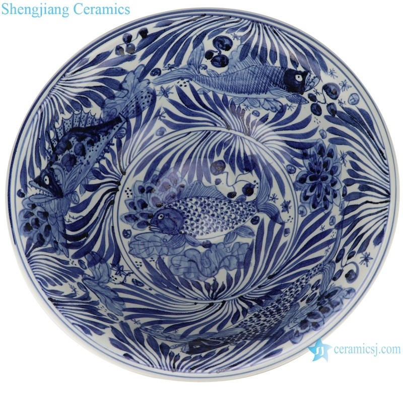 Rzsc05 Jingdezhen Blue and White Handmade Fish Pattern Ceramic Big Bowl