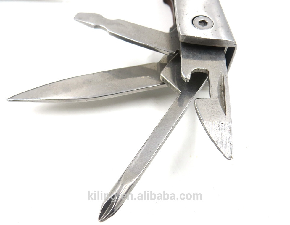 stainless steel multitool pliers with red wooden handle
