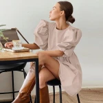 Summer Cotton Green Pink Lantern Short Sleeve Mini Chic Dress Ladies Elegant O Neck A Line Casual Women Dress
