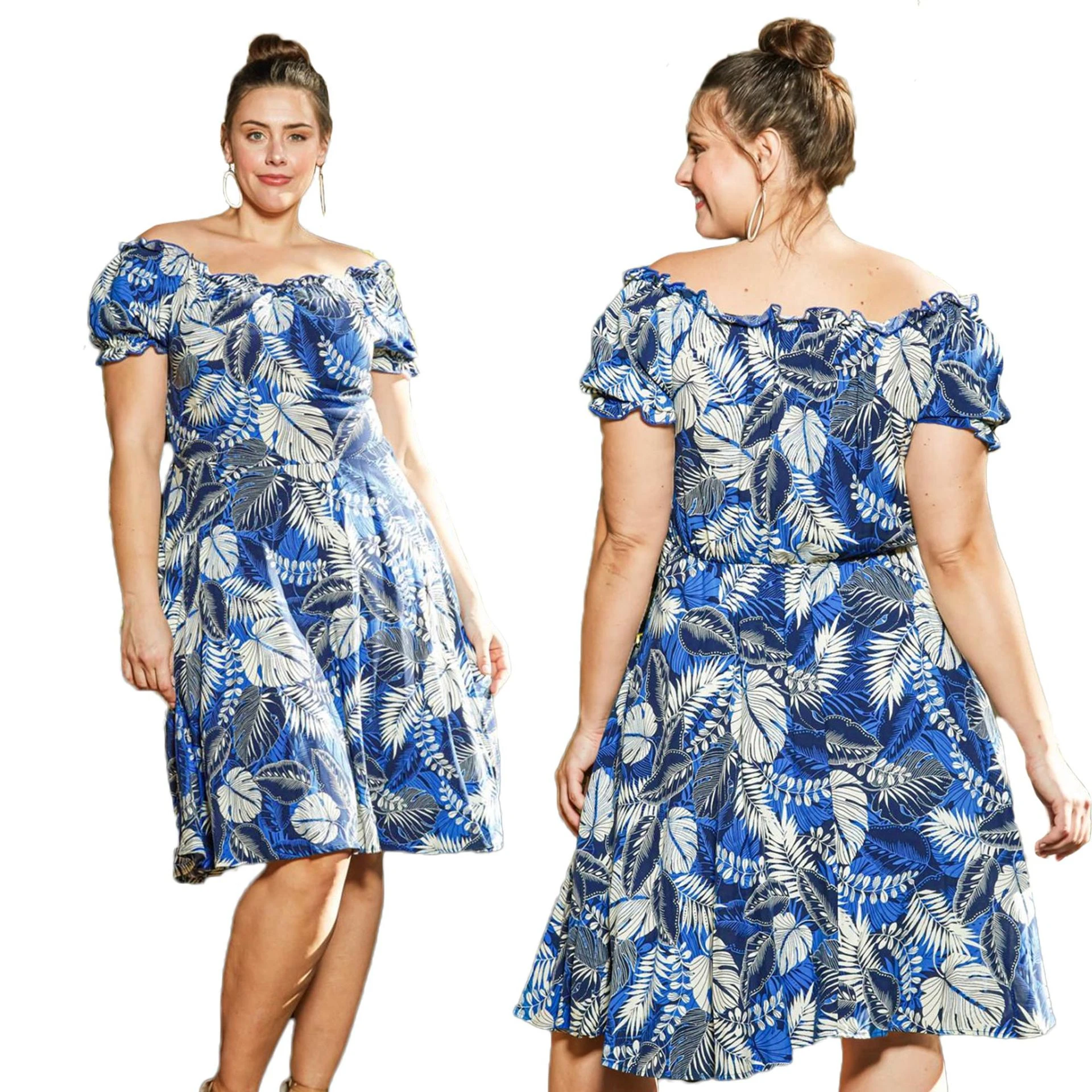 Summer New Plus Size Plant Leaf Print Short Sleeve Mid Length Dress