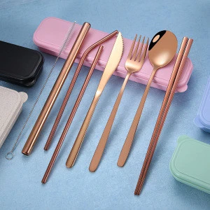 Tableware Cutlery Set Stainless Steel Knife Fork Chopsticks Straw Portable Travel Camping Dinnerware Set