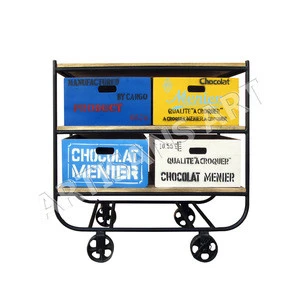 Vintage Industrial Metal Trolley Cart On Wheels With Wooden Shelves and Storage box
