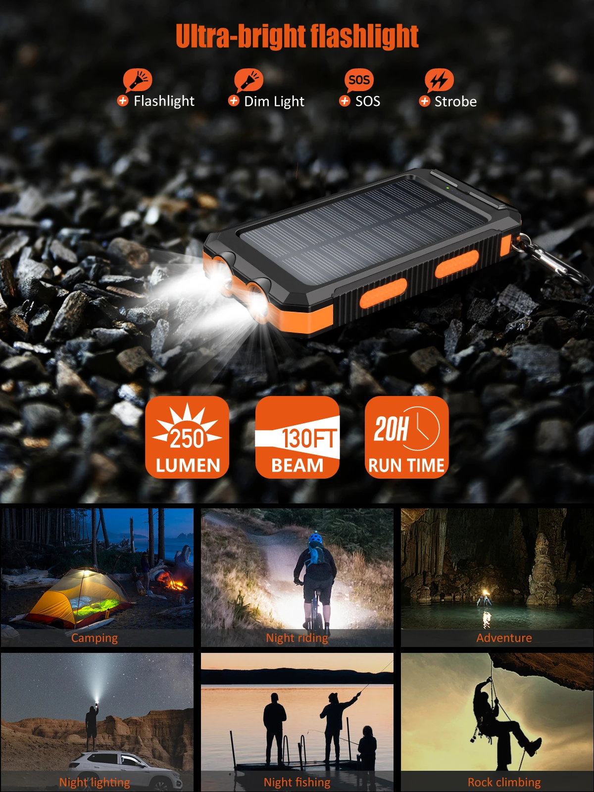Waterproof 20000mAh IP67 Mobile Power Bank Solar Charger With Compass And LED light
