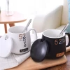 White Black Custom Logo Print 12oz Ceramic Coffee Mugs Cups With Cover And Spoon